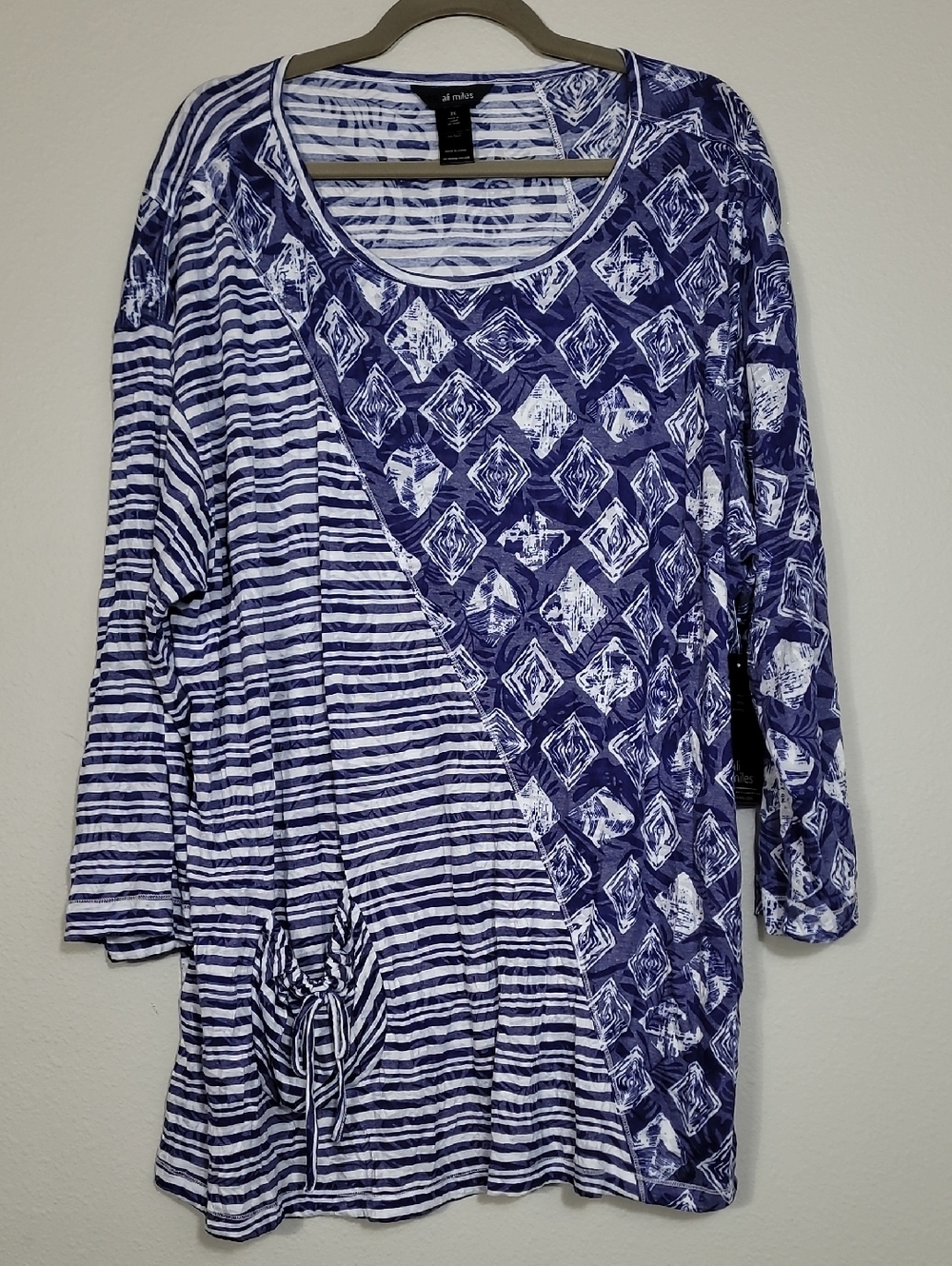 NWT Ali Miles Long Sleeve Tunic Top Size 2X Blue Artsy Lagenlook Wearable Art